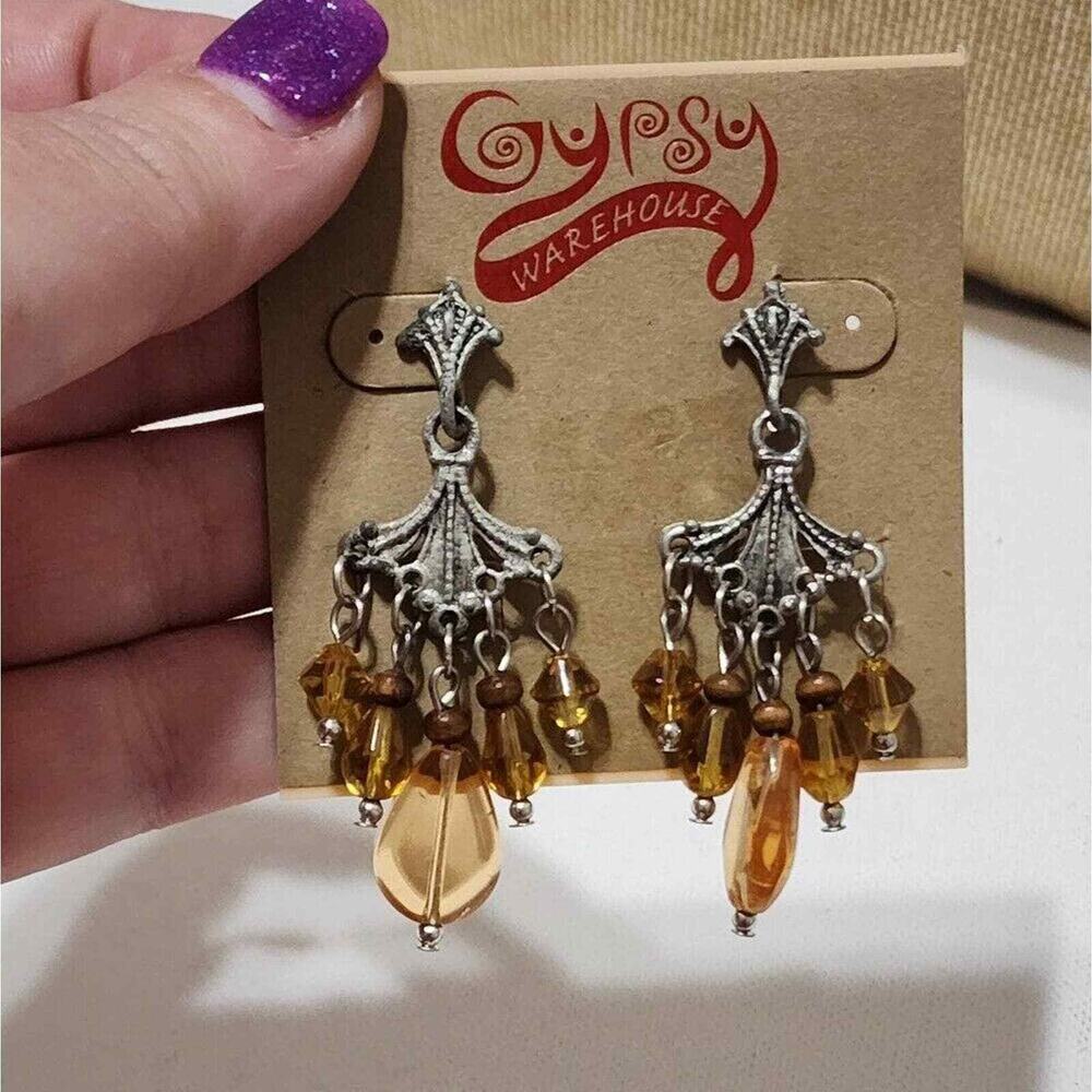 Treska Gypsy Amber Glass Beaded Chandelier Earrings Silver Tone Boho Vintage